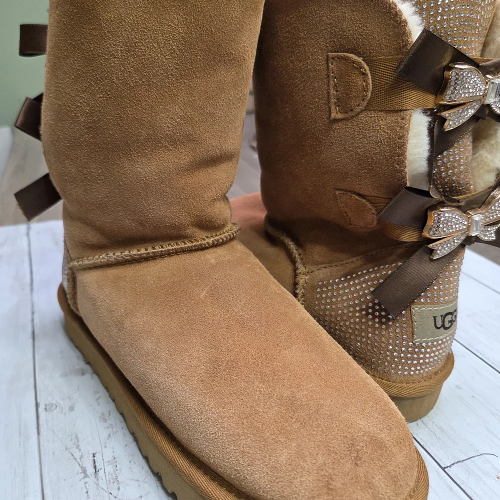 UGG Tan Boots with Glitter Bows - Picture 3 of 7